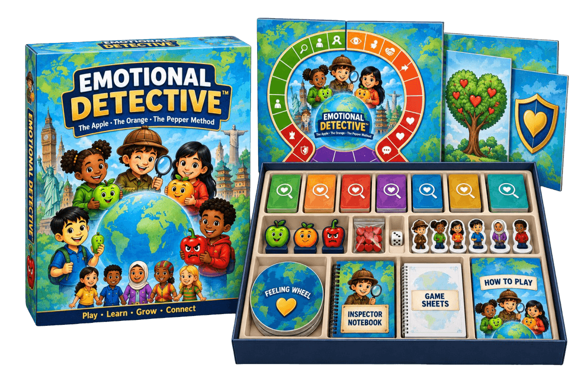 Emotional Detective board game — box, world board, Feeling Wheel, figures and detective pawns laid out